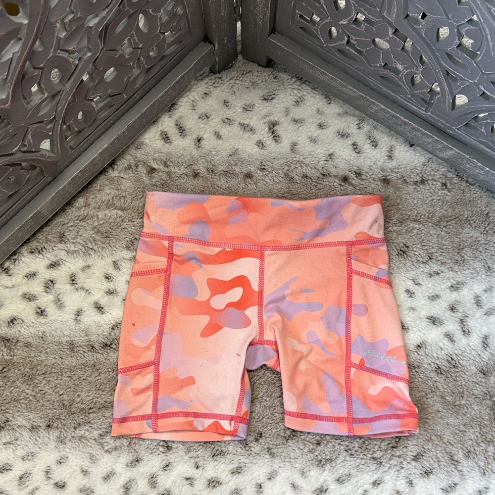 Eddie Bauer orange pink purple camo active shorts girls size 4 sporty activewear